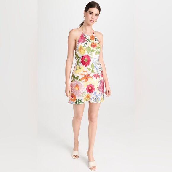 REFORMATION NWT Jennis Floral Silk Halter Mini Dress Low Back String Tie Large - Picture 1 of 10